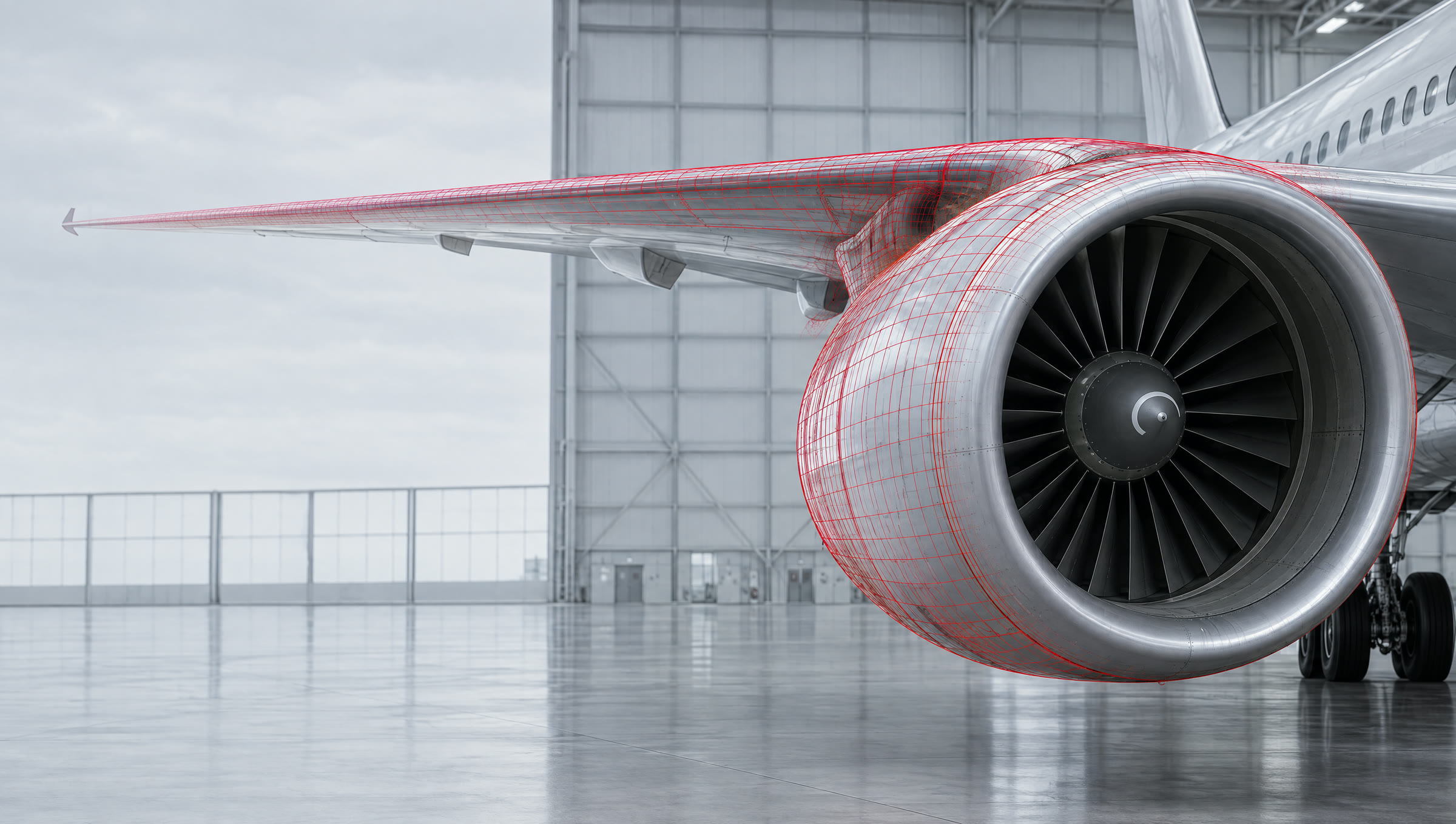 Triebwerk und Tragfläche eines Flugzeugs mit einem roten Drahtgittermodell, das auf die reale Struktur ausgerichtet ist